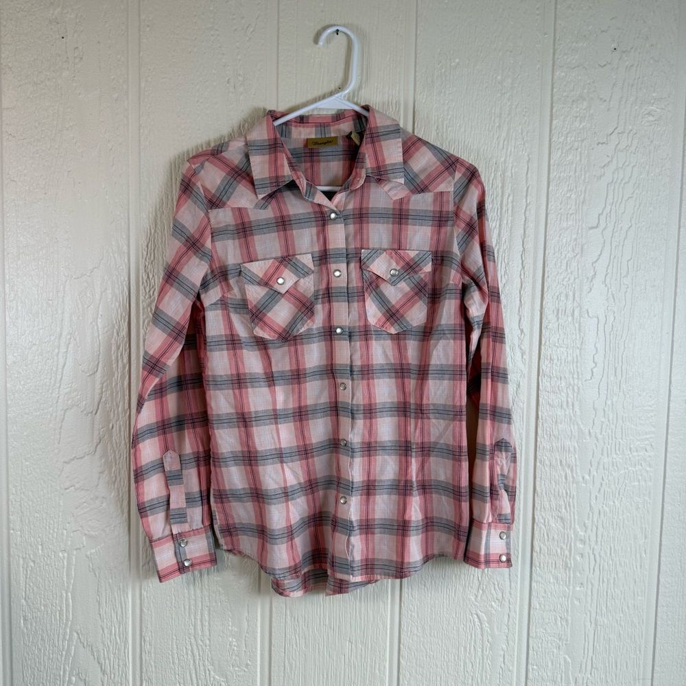 Wrangler Pink and Gray Plaid Button-Down Shirt
